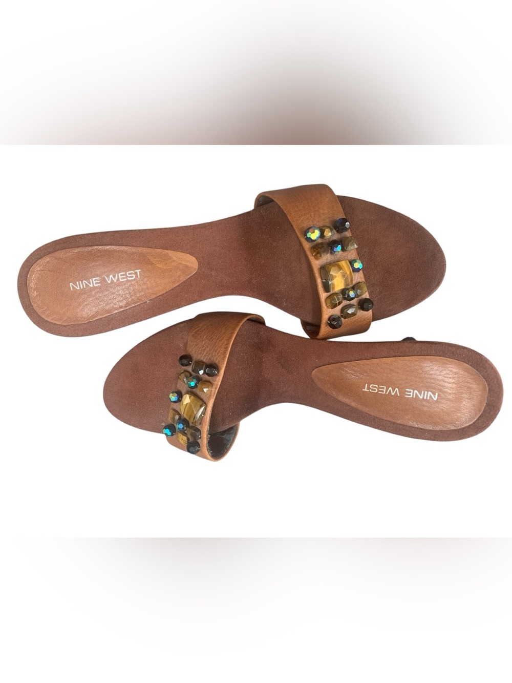 Nine West Bohemian Style Embellished Brown Leather Slide Sandals - Women - Picture 9 of 15